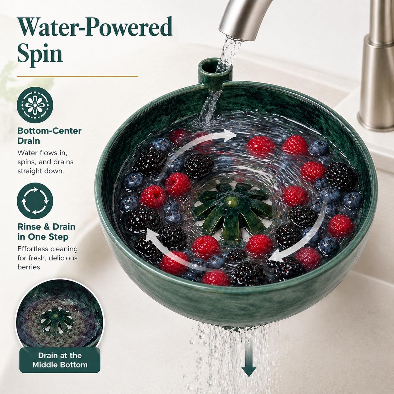 Self-Spinning Berry Washing Bowl – Automatic Fruit & Vegetable Washer, Quick Spin Basket for Berries, Grapes & Small Produce, Multipurpose Kitchen Colander
