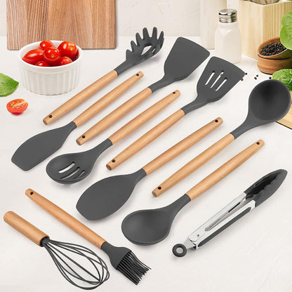 E-far Cooking Utensils Set of 6, Silicone Kitchen Utensils with Wooden Handle, Non-stick Cookware Friendly & Heat Resistant, Includes Spatula/Ladle/Slotted Turner/Serving Spoon/Spaghetti Server(Khaki)