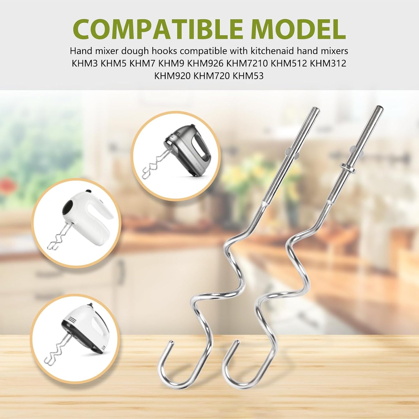KHM512 Dough Hooks for Hand Mixer, Replacement Compatible with KitchenAid KHM/5KSM/KSM/KSMO/KSMH Series, Heavy-Duty Stainless Steel Attachments for Making Bread & Pizza Dough (2 Pack)