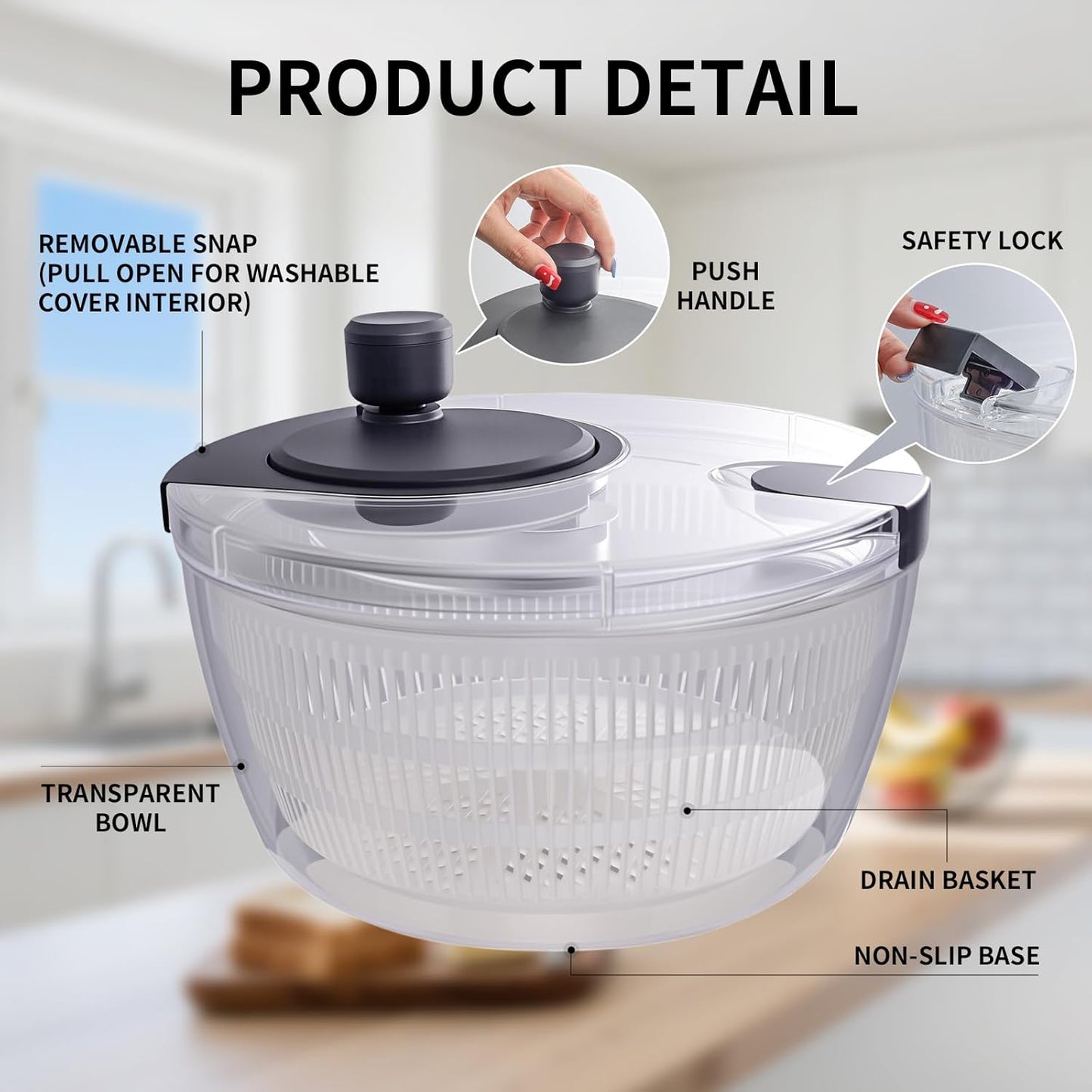 Salad Spinner Large, Fruit Washing Bowl with Strainer, Quick and Easy Use Lettuce Spinner, Fruits and Vegetables Washer, Lettuce Salad Dryer, Kitchen Essentials (6L/6.34Qt)
