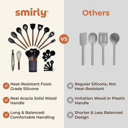 SMIRLY Kitchen Utensils Set – 22-Piece Silicone Cooking Utensils Set, Spatula Set with Holder, Wooden Handle Silicone Kitchen Gadgets for Nonstick Cookware