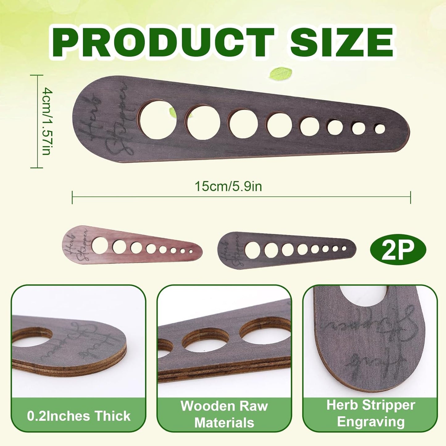 2 Pcs Herb Stripper Tool, Wooden Herb Stripping Tool, Vegetable Leaf Remover, Natural Wood Leaf Remover with 8 Hole Sizes for Herbs, Parsley, Coriander, Thyme, Rosemary