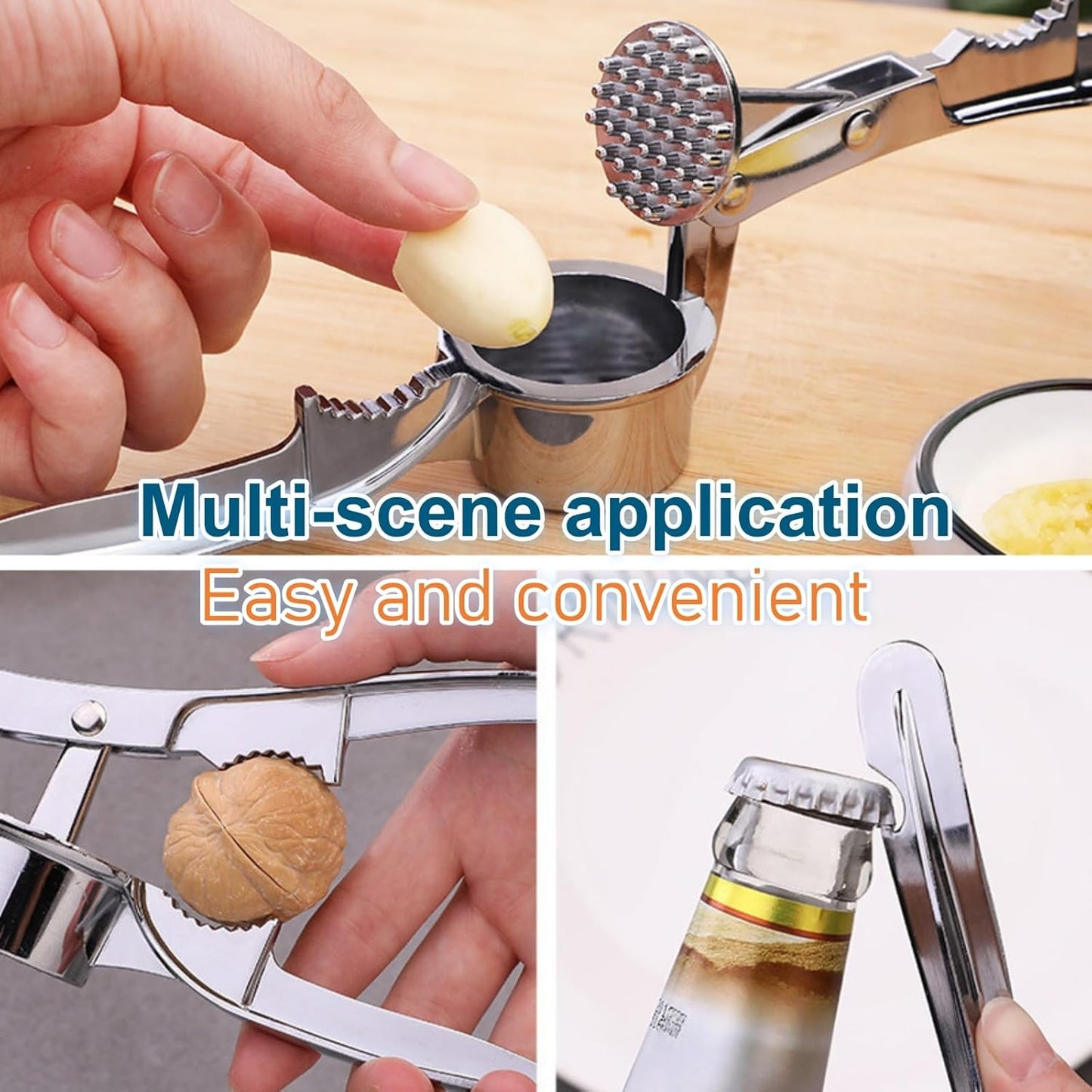 3-in-1 Multifunctional Garlic Press – Heavy Duty Garlic Mincer, Ginger Crusher & Nut Cracker/Cherry Pitter, Ergonomic Easy Squeeze, Rust Proof & Dishwasher Safe