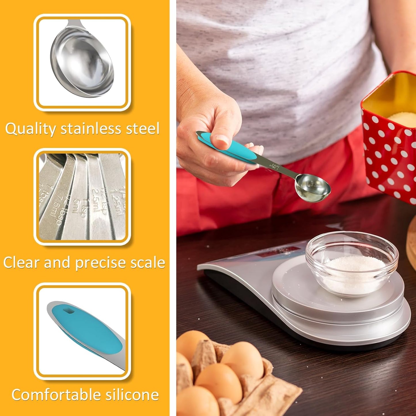 LEIFENY 2PCS 1 Tsp(1/3tbsp, 1/6oz, 5ml) Single Measuring Spoon with Blue Silicone Grip, Stainless Steel Individual Measure Scoop Only