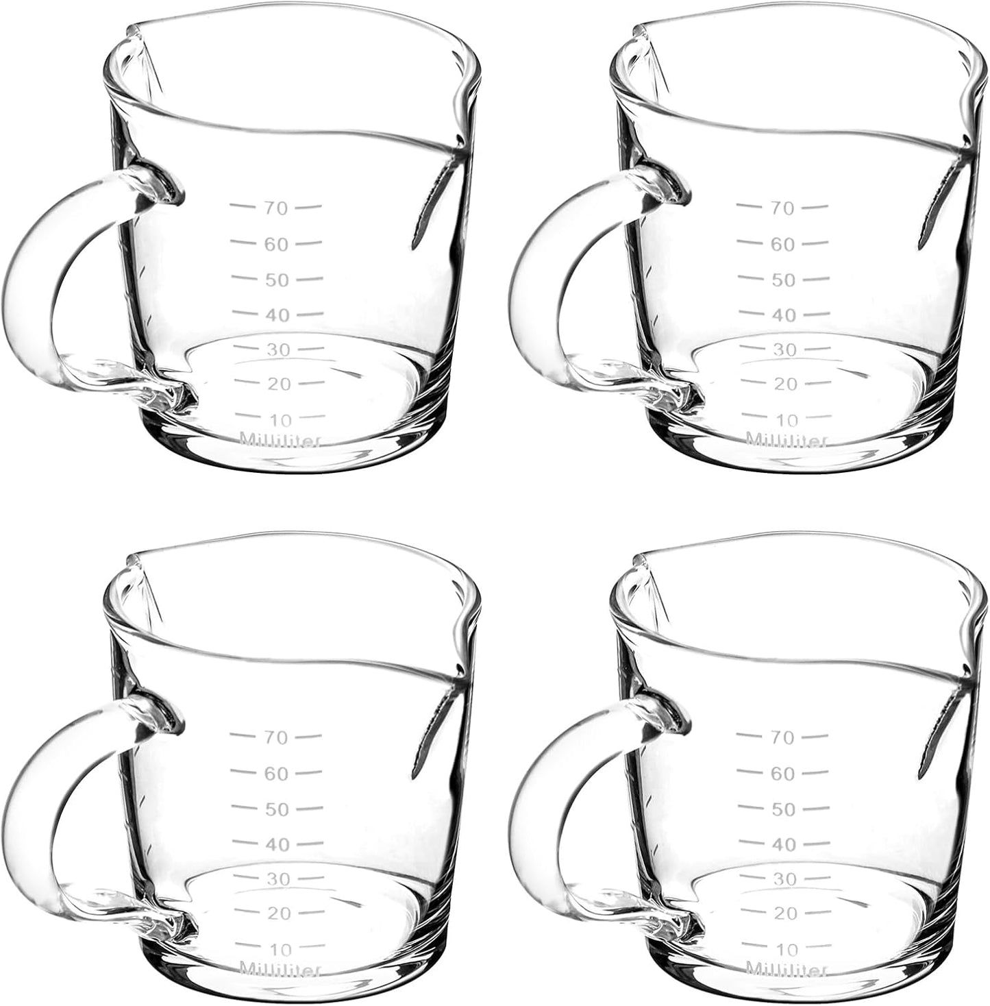 QWORK Espresso Shot Glass with Handle, 4 Pack 3-Ounce Double Spout Glass Measuring Cup Triple Pitcher Milk Cup with Two Scales (OZ&ML)