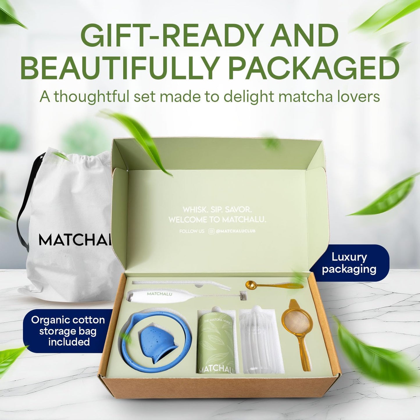 Matcha Whisk Set With Ceramic Matcha Bowl, Bamboo Whisk & Holder, Stainless Steel Spoon & Sifter, Glass Cup & Straw, Electric Frother, Storage Bag - Gift for Matcha Lovers (Premium 9-Piece Set White)
