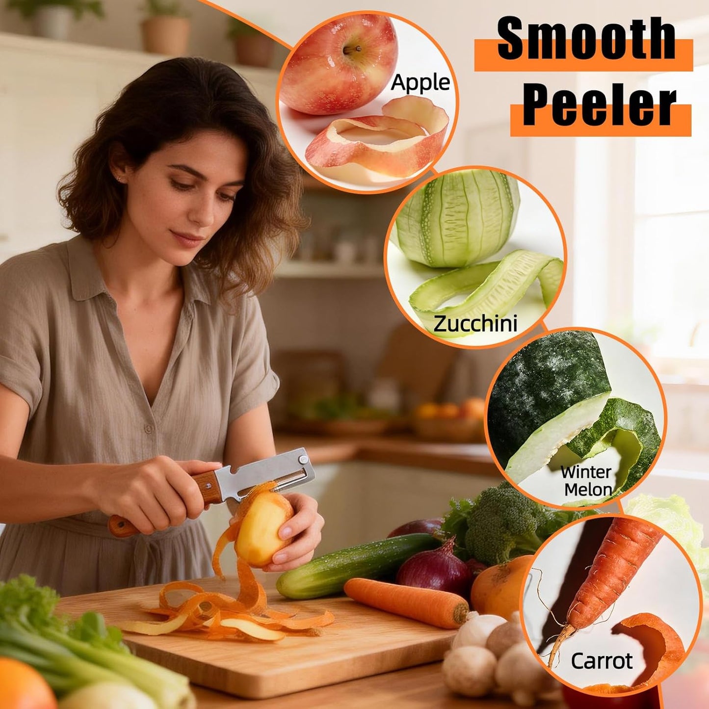 Multi-Functional Vegetable Peeler with Hook, Stainless Steel Sharp Blades Peeler with Wooden Handle & Bottle Opener Practical Kitchen Tool for Veggie Fruit Apple Potato Sugar Cane