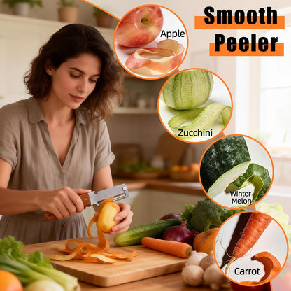 Multi-Functional Vegetable Peeler with Hook, Stainless Steel Sharp Blades Peeler with Wooden Handle & Bottle Opener Practical Kitchen Tool for Veggie Fruit Apple Potato Sugar Cane