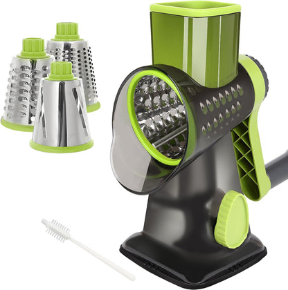 Cheese Grater Hand Crank Rotary Vegetables Shredder with Handle, 3-in-1 Graters with Interchangeable Blades and Non-slip Base Multifunctional Slicer for Kitchen
