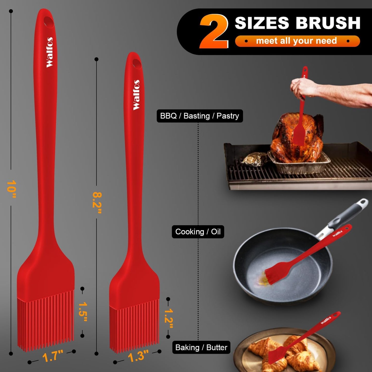 Walfos 600°F Heat Resistant Silicone Basting Brushes BPA Free Pastry Brush, Spread Oil Butter Sauce for BBQ Grill Baking Kitchen Cooking, Dishwasher Safe (2 SIZE)