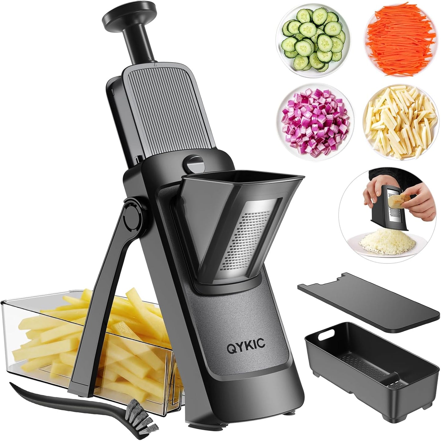 QYKIC Upgrade Safe Mandoline Slicer for Kitchen, Vegetable Chopper and Slicer, Potato Slicer Thickness Adjuster, French Fry Cutter, Veggie Onion Dicer Faster Kitchen Mandolin for Meal Prep