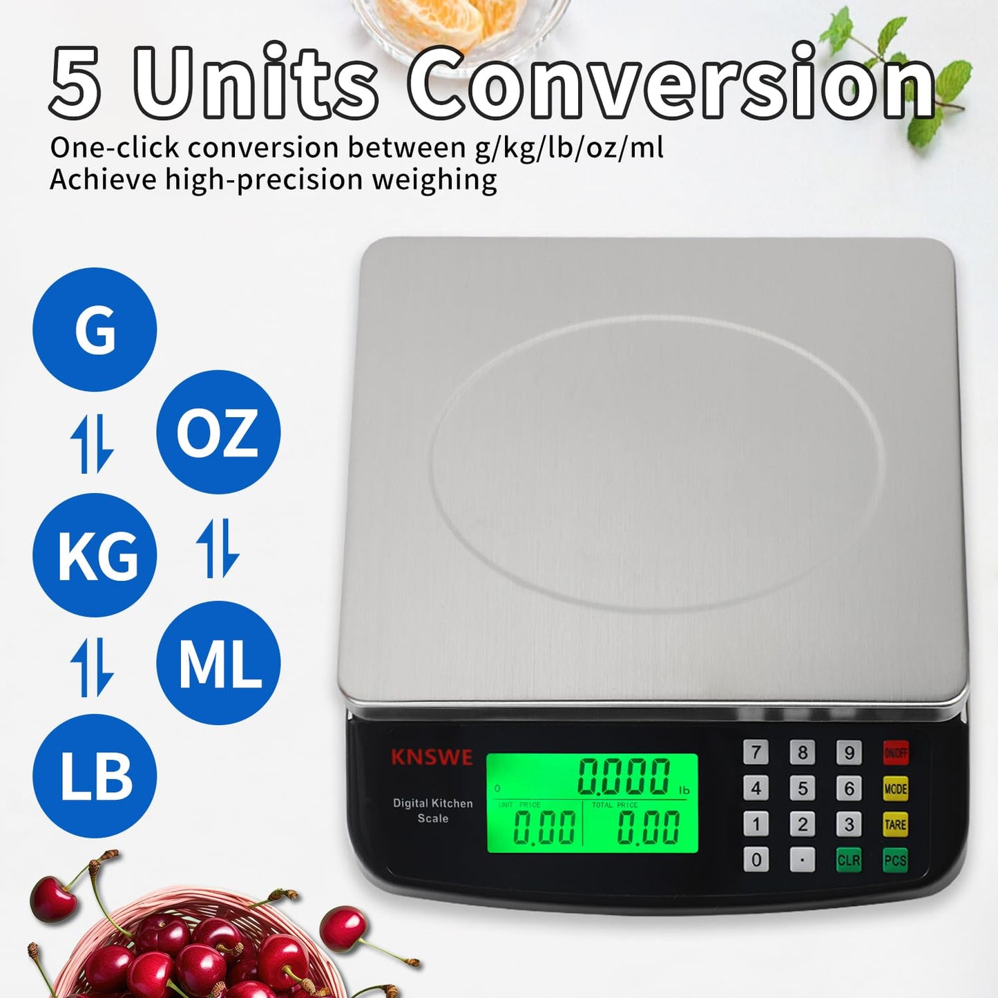 Commercial Food Scale 40KG Large Digital Kitchen Scale Baking Cooking Bread Meat Weight Price Computing Scale Stainless Steel Parts and Coins Counting Scale for Deli Stores Tare Function