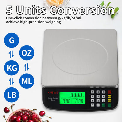 Commercial Food Scale 40KG Large Digital Kitchen Scale Baking Cooking Bread Meat Weight Price Computing Scale Stainless Steel Parts and Coins Counting Scale for Deli Stores Tare Function
