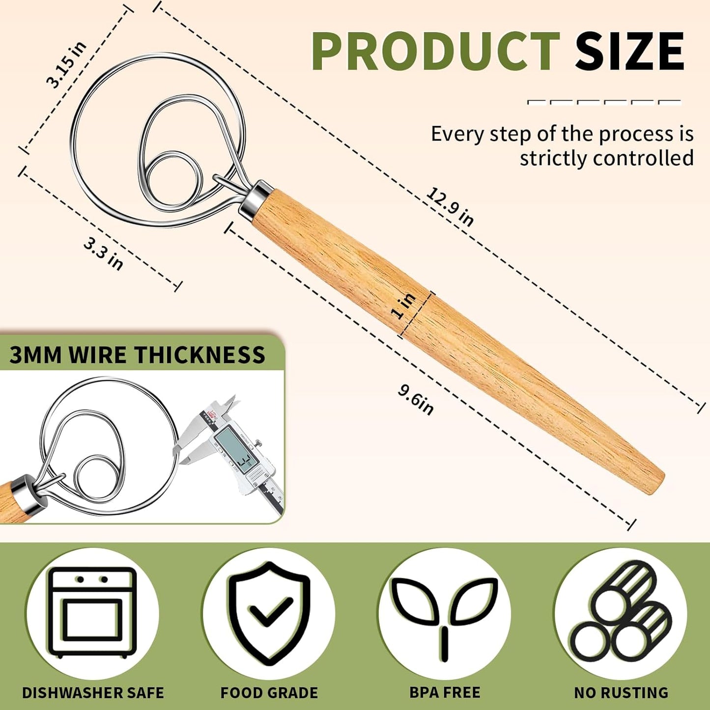 Danish Dough Whisk Stainless Steel Dough Hook Dutch Whisk for Sourdough Bread Dough Mixer Hand Wooden Handle Kitchen Whisking Mixing Tool Bread Making Tools and Supplies (3 Pack Black)
