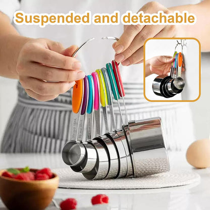 Stainless steel measuring cup set, consisting of 8 cups, suitable for cooking and baking.