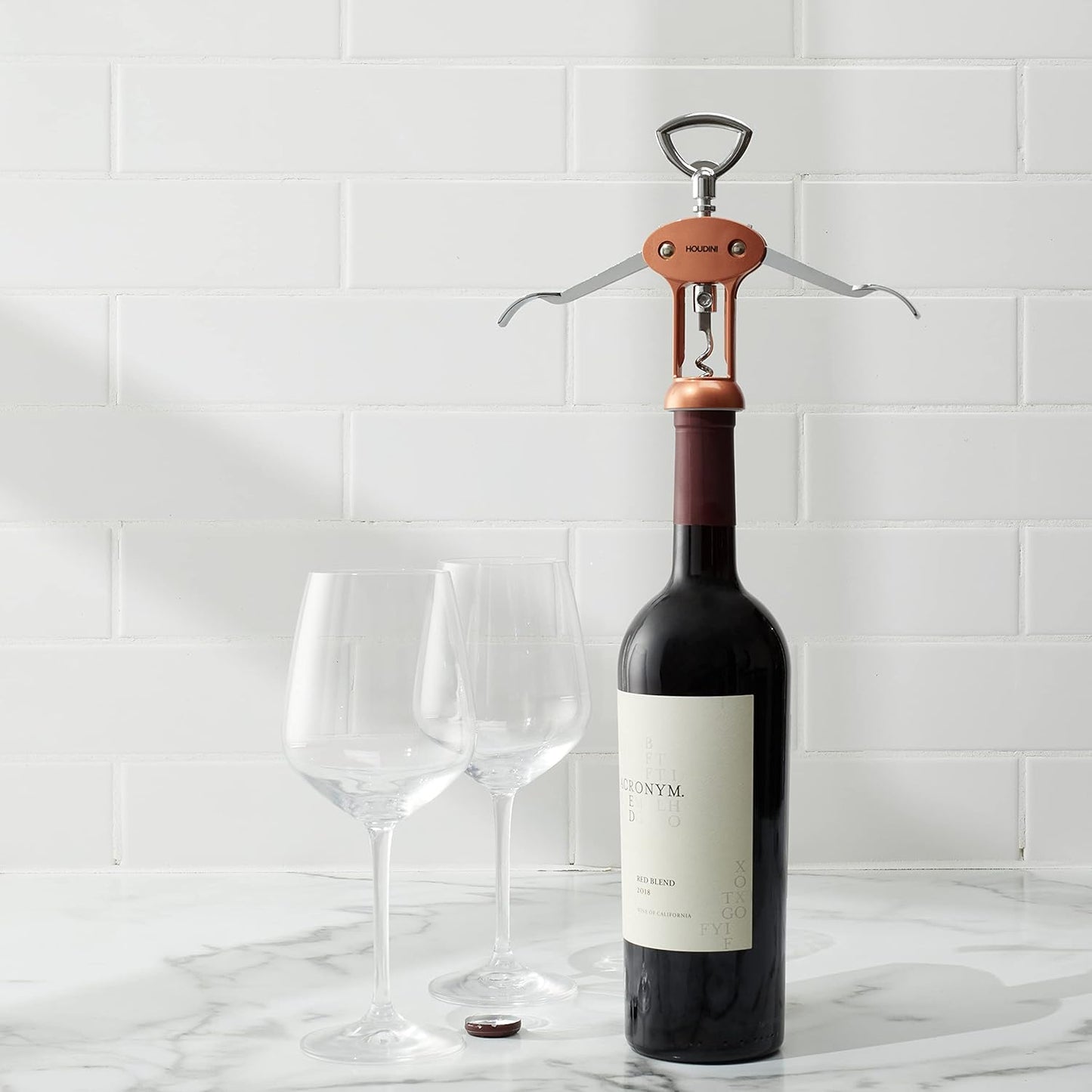 Houdini Wing Corkscrew Wine Bottle Opener, Stainless Steel Non-Stick Spiral, Dishwasher Safe, Clamps Securely onto Bottle, Will Not Crumble Corks