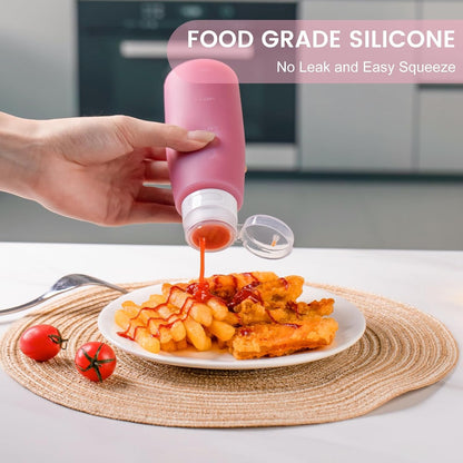 MICEBAY Condiment Squeeze Bottles for Sauces, 2-oz Mini Silicone Salad Dressing Container to Go with Reusable Sandwich Bag, Leakproof Ketchup Bottle for Bento Lunch Box, 4 Pack, Candies