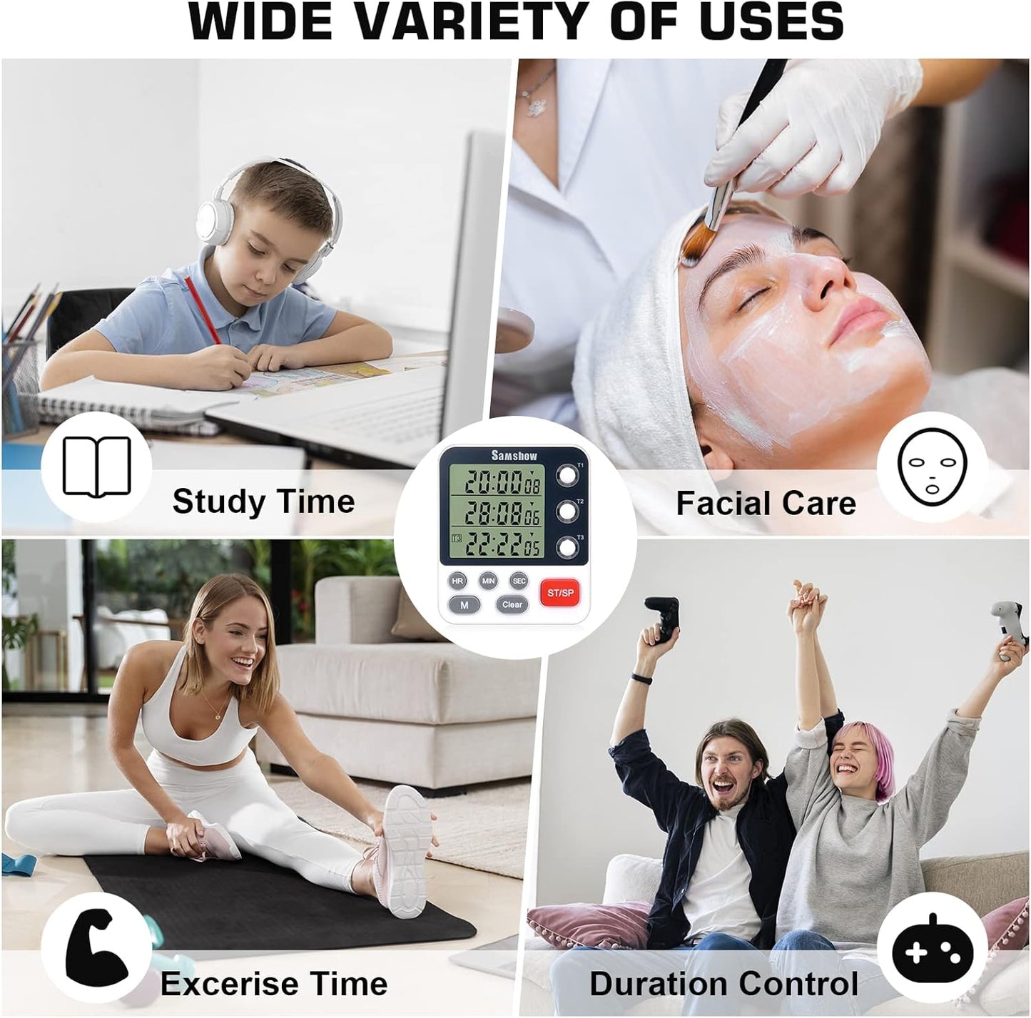 Digital Kitchen Timer Dual Timers 3 Channels Count UP/Down Cooking Timer Large Display, Adjustable Volume Alarm with Magnetic Back, Stand, Battery Included
