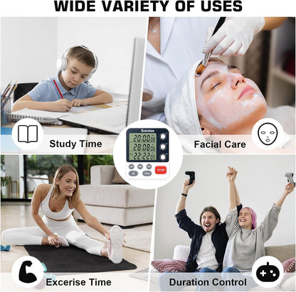 Digital Kitchen Timer Dual Timers 3 Channels Count UP/Down Cooking Timer Large Display, Adjustable Volume Alarm with Magnetic Back, Stand, Battery Included