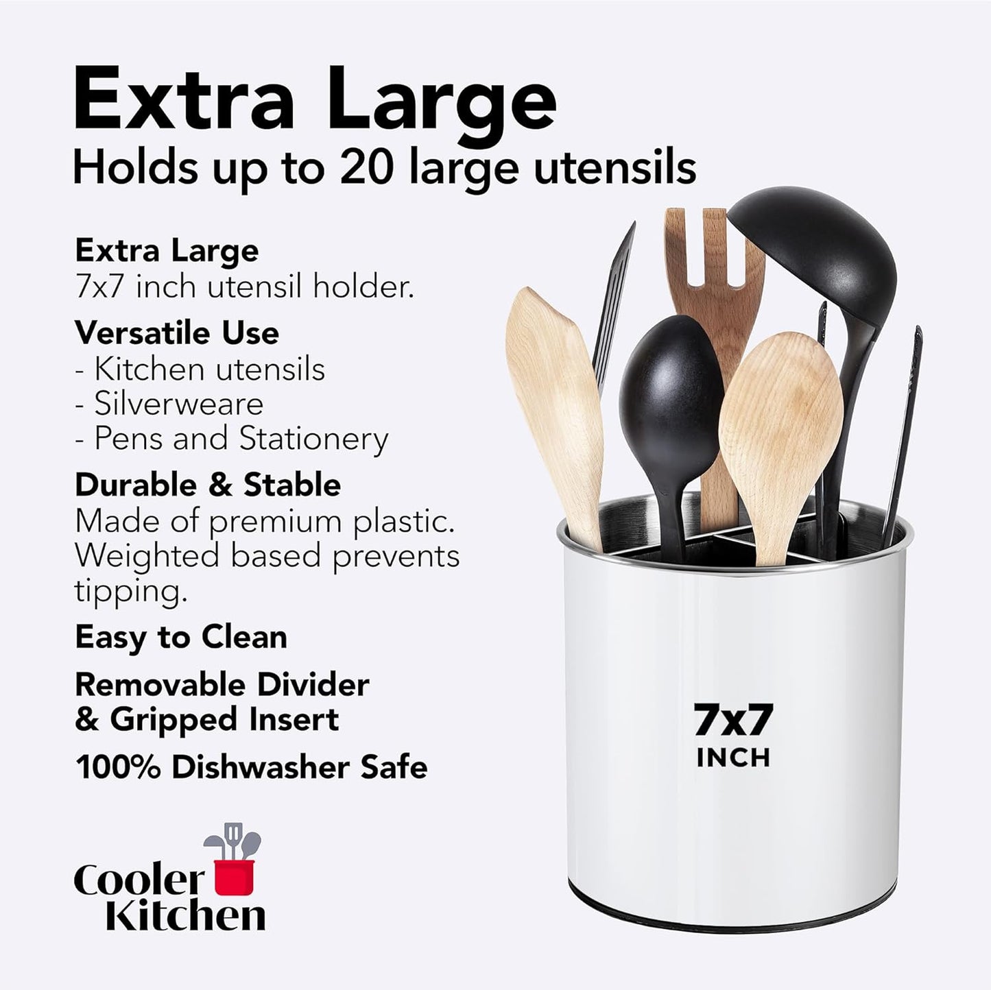 Cooler Kitchen Jumbo Extra Large Sturdy Rotating Black Utensil Holder Caddy with No-Tip Weighted Base, and Gripped Insert - Rust Proof and Dishwasher Safe Kitchen Utensils Holder