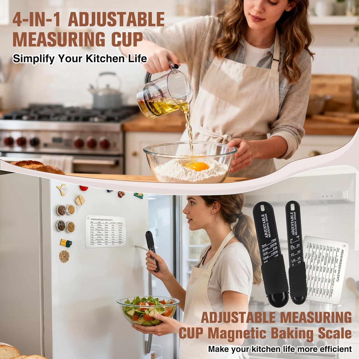 4 In1 Adjustable Measuring Cup Set Multi with Scraper Style Seal Base Adjustable Measuring Spoon Measurement Conversion Chart Space Saving Easy to Clean for Baking Cooking