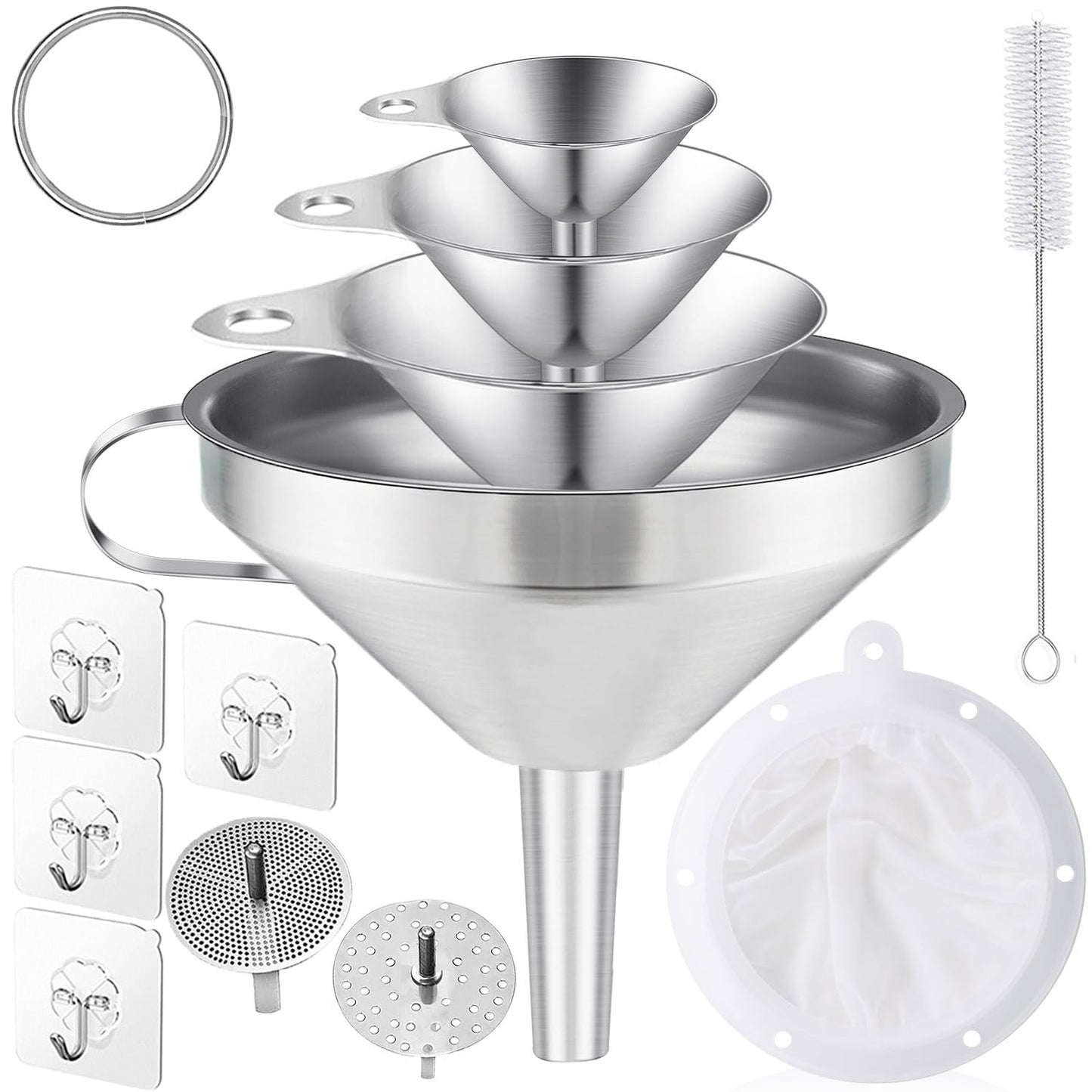 Toncoo 3 Pack Stainless Steel Funnels for Kitchen Use, Food Grade Cooking Funnel with 3 Strainer, Kitchen Funnel Set Metal Funnels for Filling Bottles