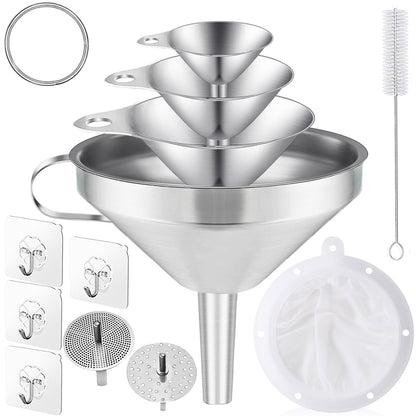 Toncoo 3 Pack Stainless Steel Funnels for Kitchen Use, Food Grade Cooking Funnel with 3 Strainer, Kitchen Funnel Set Metal Funnels for Filling Bottles