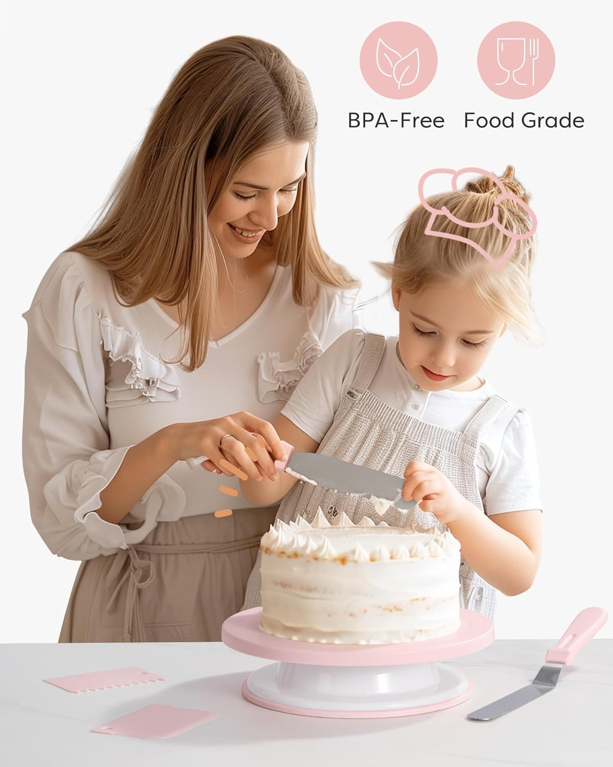 Kootek Cake Decorating Kit Baking Supplies Set Cake Turntable with 2 Frosting Straight Angled Spatula 3 Icing Smoother Scrapers Baking Accessories Tools for Beginners and Pros, Mother's Day, White