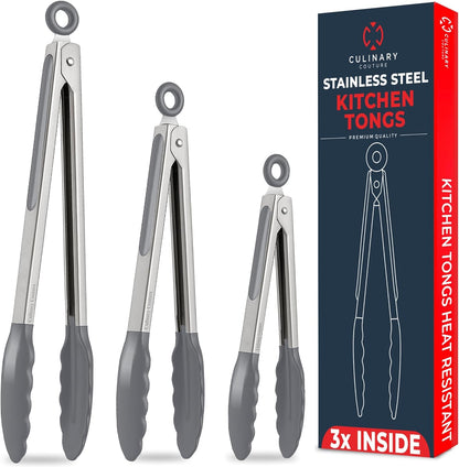 Kitchen Tongs with Silicone Tips Set of 3 Heat Resistant Tongs for Serving Food, 7-Inch, 9-Inch, 12-Inch Locking Silicone Tongs for Cooking, Salad Tong, Black Kitchen Utensils