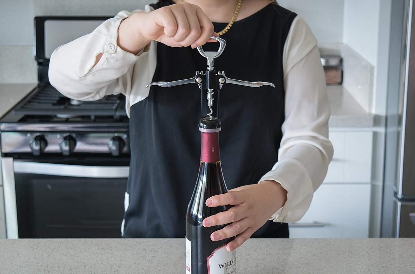 Evriholder Winged Corkscrew for Wine Bottles, Easy Manual Cork Remover, Multi-Purpose Opener for Beer and Soft Drinks, Ergonomic Handle, Stainless Steel, Dishwasher Safe, Black