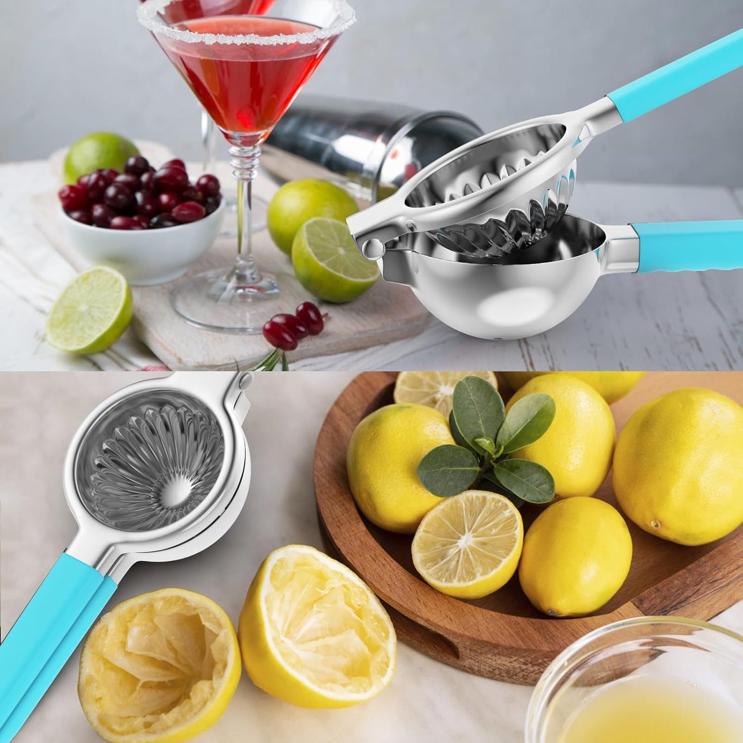 Stainless Steel Lemon Squeezer - Metal Citrus Juicer - Lime Lemon and Fruit Juicer with Silicone Handles - Large Manual Citrus Press Juicer - Hand Held Squeezer - Ergonomic Design with Solid