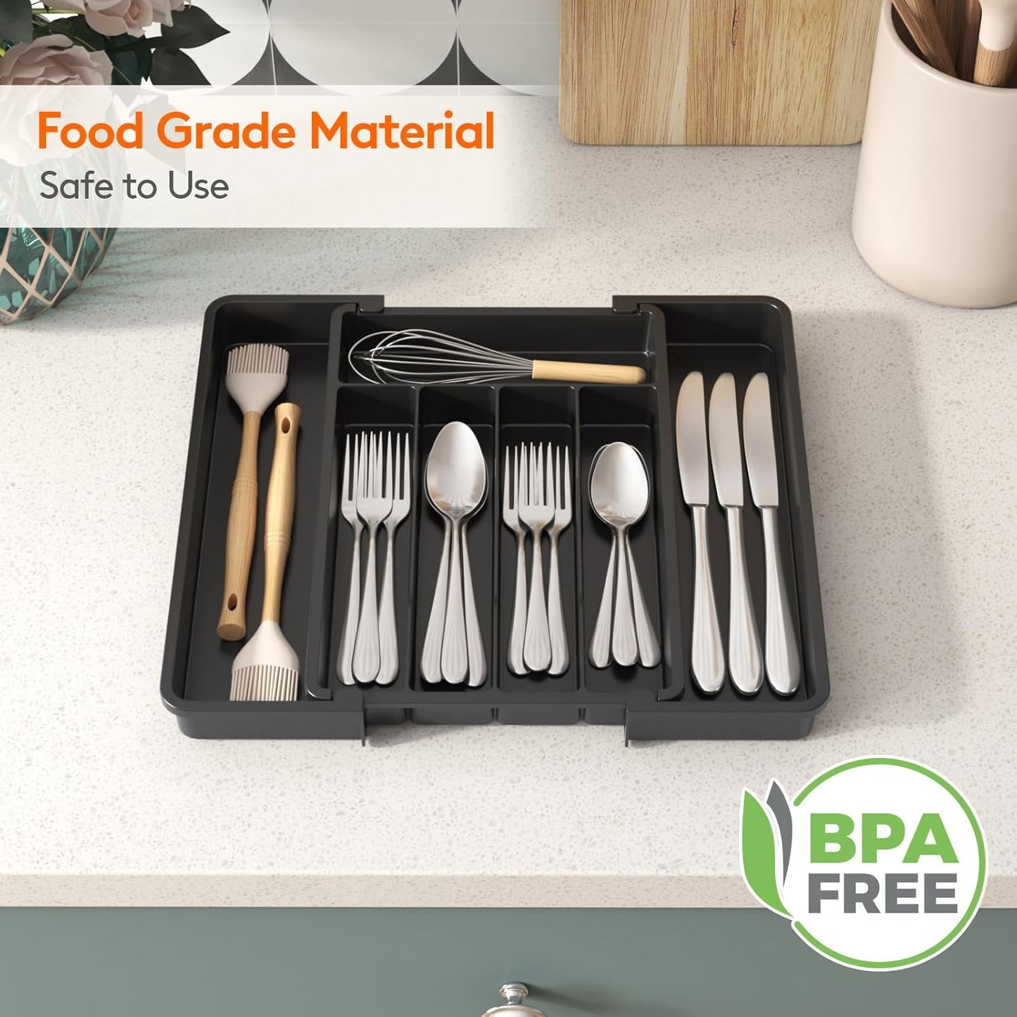 Lifewit Silverware Drawer Organizer, Expandable Utensil Tray for Kitchen, BPA Free Flatware and Cutlery Holder, Adjustable Plastic Storage for Spoons Forks Knives, 11-18 x 14", Black