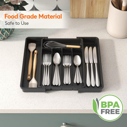 Lifewit Silverware Drawer Organizer, Expandable Utensil Tray for Kitchen, BPA Free Flatware and Cutlery Holder, Adjustable Plastic Storage for Spoons Forks Knives, 11-18 x 14", Black