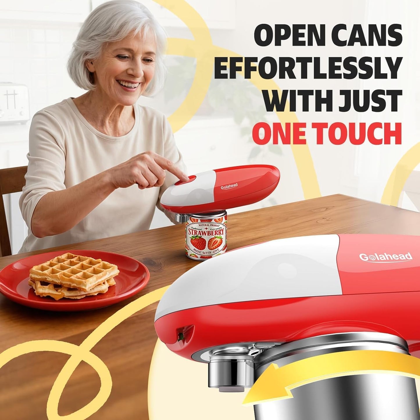 Handsfree One Touch Electric Can Opener, Smooth Edge Automatic Can Opener Fits All Can Sizes, Handheld Battery Operated Easy and Safe Kitchen Gadget for Seniors with Arthritis