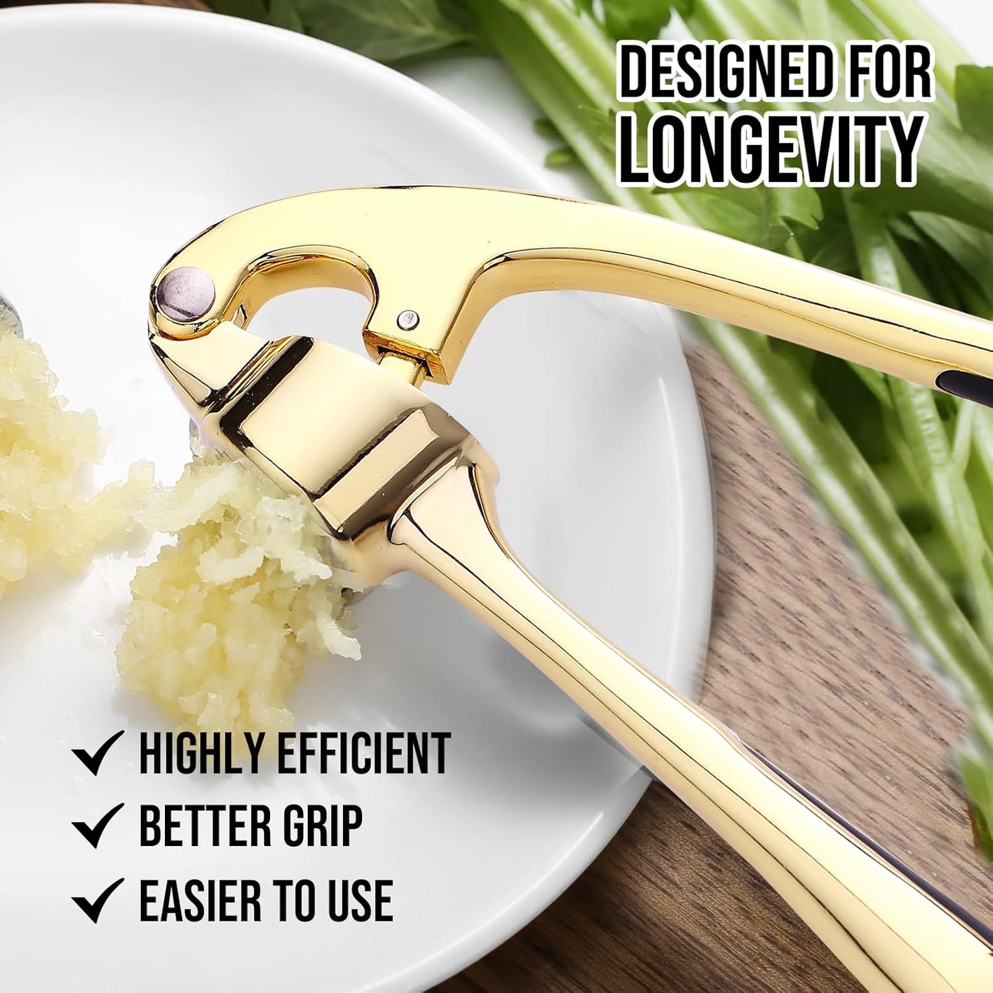 Premium Garlic Press, Professional Garlic Mincer, Easy to Squeeze and Clean, Rust Proof & Dishwasher Safe, Efficient Ginger Crusher- Gold…