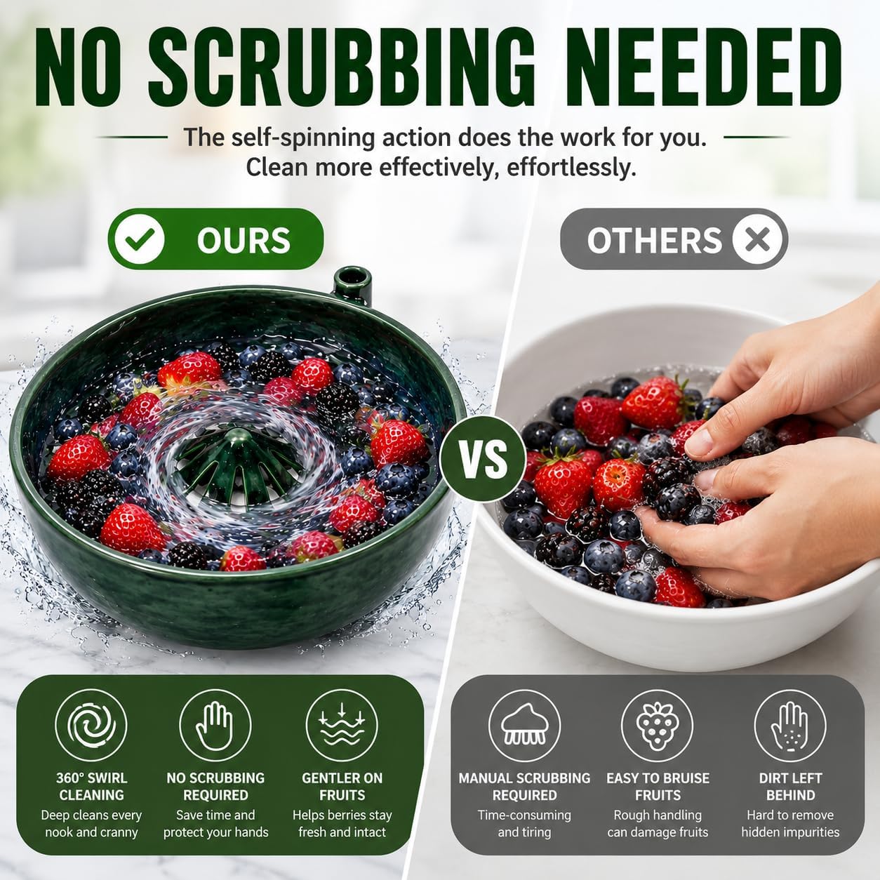 Self Spinning Berry Washing Bowl with Drain Holes, Berry Rinse Bowl & Fruit Wash Bowl for Strawberries, Blueberries and Grapes, Glossy Ceramic-Look PLA Berry Washer, Colander Bowl for Kitchen