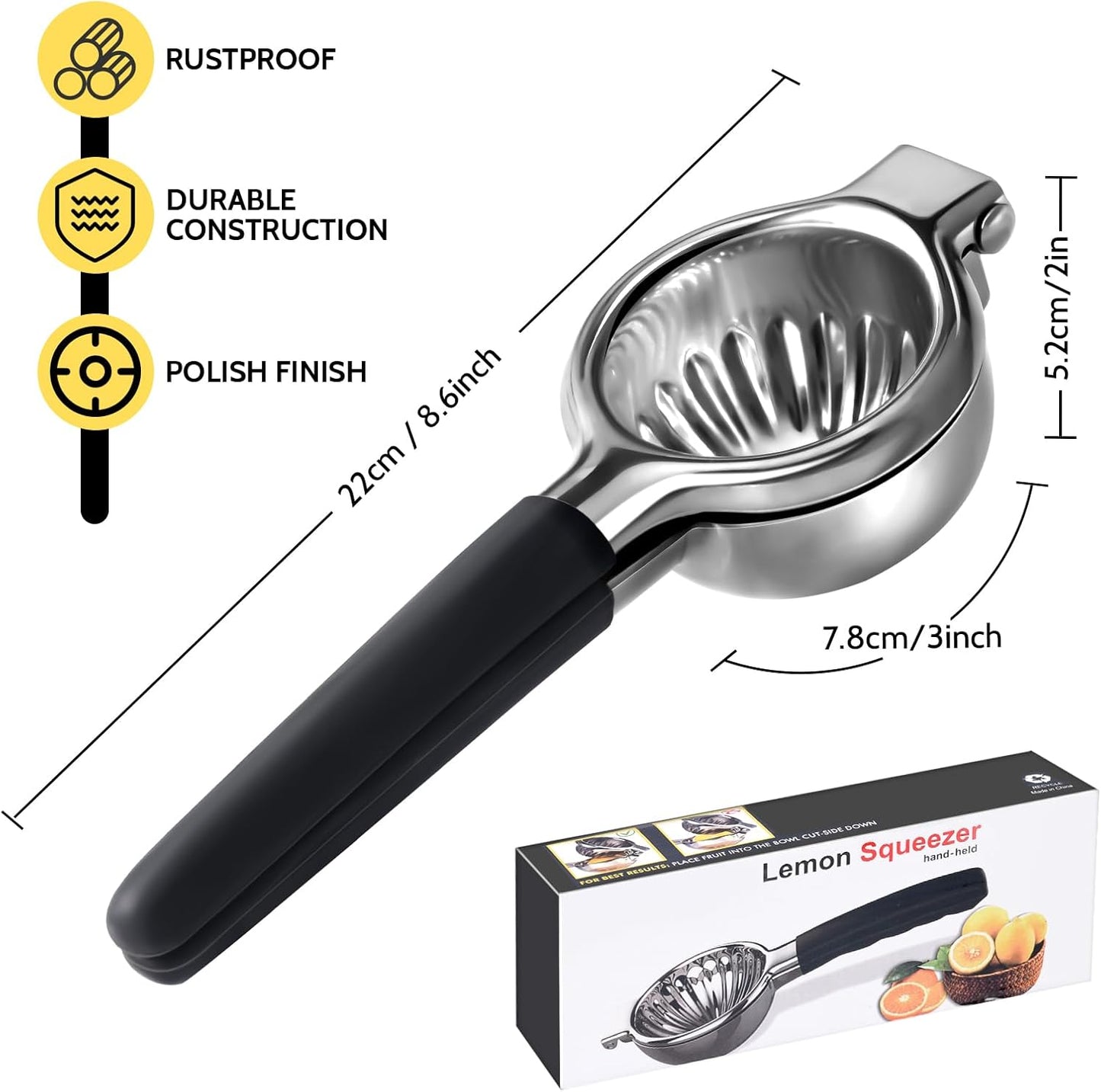 Lemon Squeezer, Sopito Stainless Steel Citrus Press Juicer Heavy Duty with Large Metal Squeezer Bowl for Seedless Juicing, Non-Slip Grip Design Manual Juicer