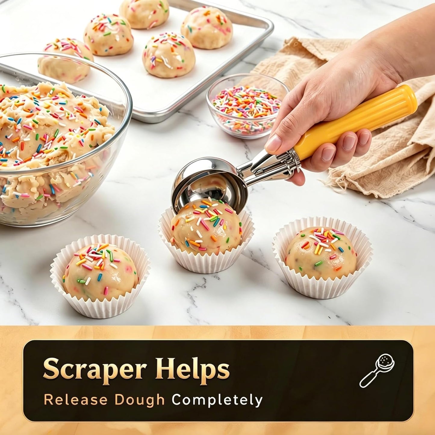 Fayomir 2 oz Scoop, Cookie Scoop for Baking, 2 oz Ice Cream Scoop with Trigger, #16 Disher, Portion Scoop, Blue Handle, Food Scoop for Ice Cream, Muffin, Cupcake Batter, Mashed Potato, Cookie Dough