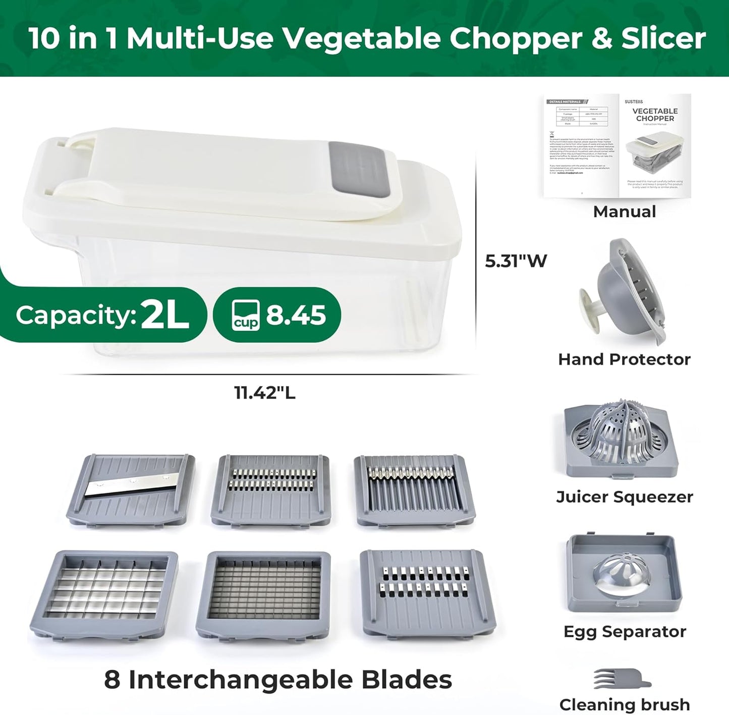 SUSTEAS Vegetable Chopper Mandoline Slicer,6 Blade Pro Food Chopper, Onion Potato Dicer, Veggie Cutter for Salad, Carrot, Cucumber Home Kitchen Gadgets Accessories Essentials(10 in 1, Grayish White)