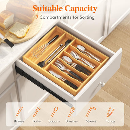 Lifewit Silverware Drawer Organizer, Utensil Tray for Kitchen, Flatware and Cutlery Holder, Storage for Spoons Forks Knives, 6.7 x 12", Natural