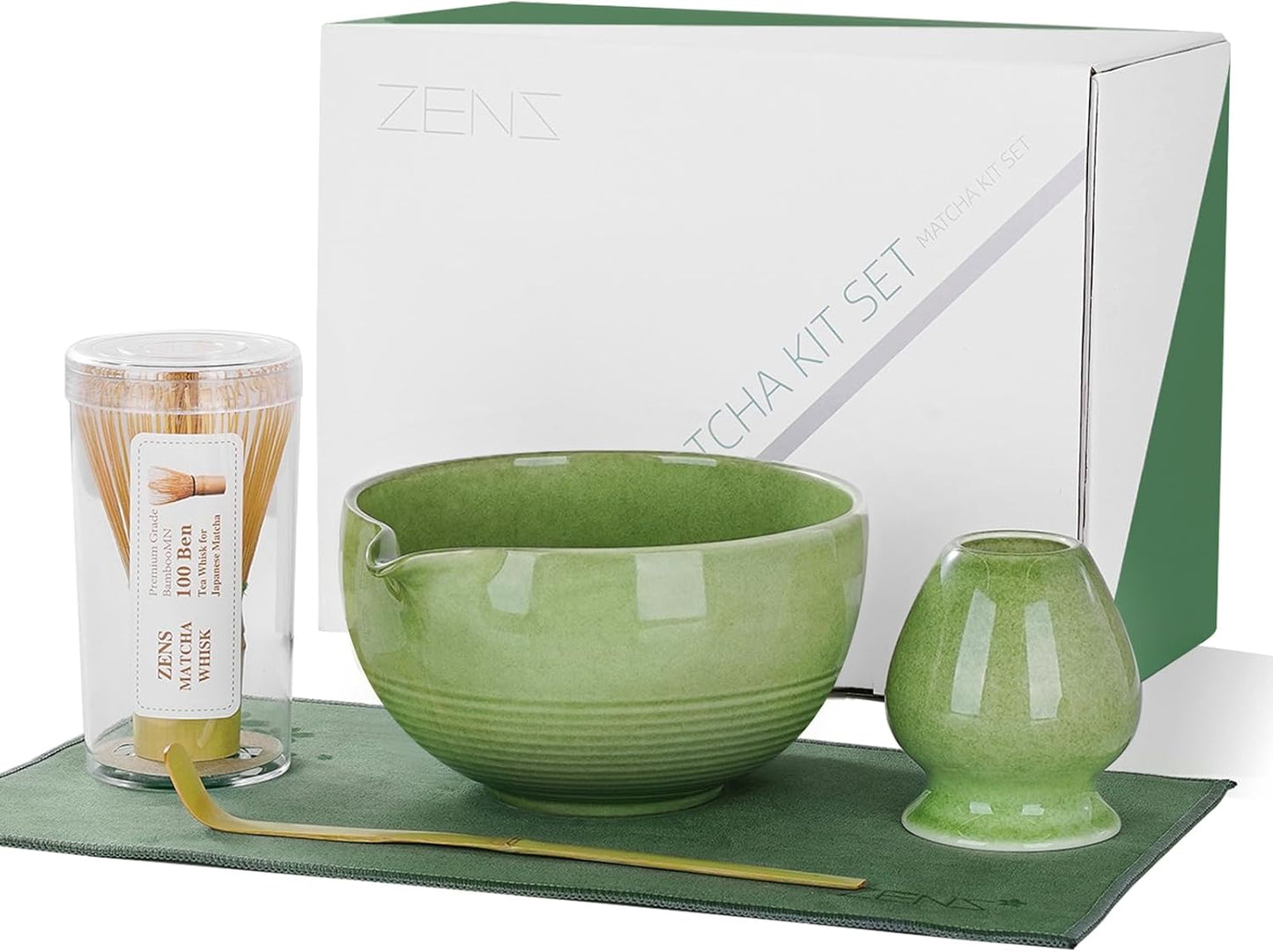 ZENS Pink Matcha Set, Matcha Whisk Set Includes 15oz Ceramic Bowl & (Chasen Holder), Bamboo Whisk & Scoop, Sifter and Pink Tea Towel, 6pcs Matcha Kit for Matcha Lovers
