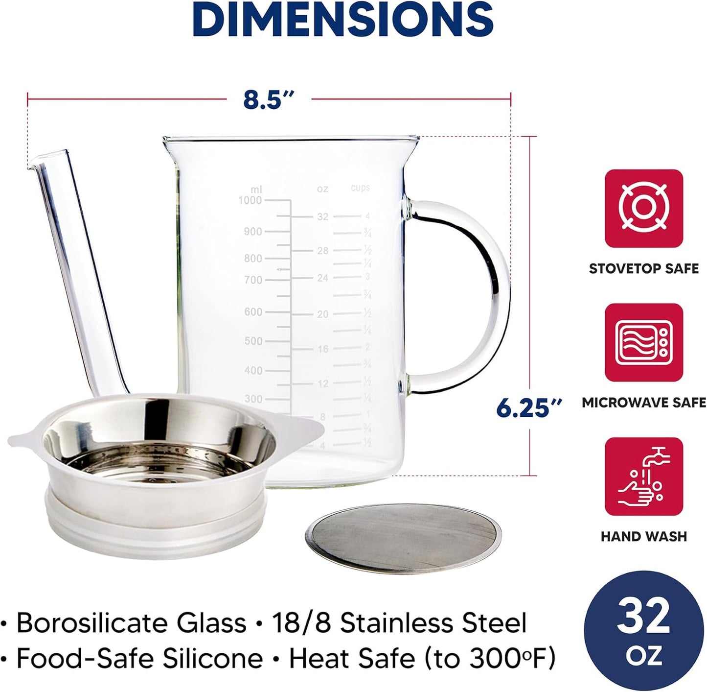 HIC Kitchen Roasting Fat Separator Gravy Strainer, Borosilicate Glass, 32-Ounces, For Stress-Free Holiday Meal Prep and Serving