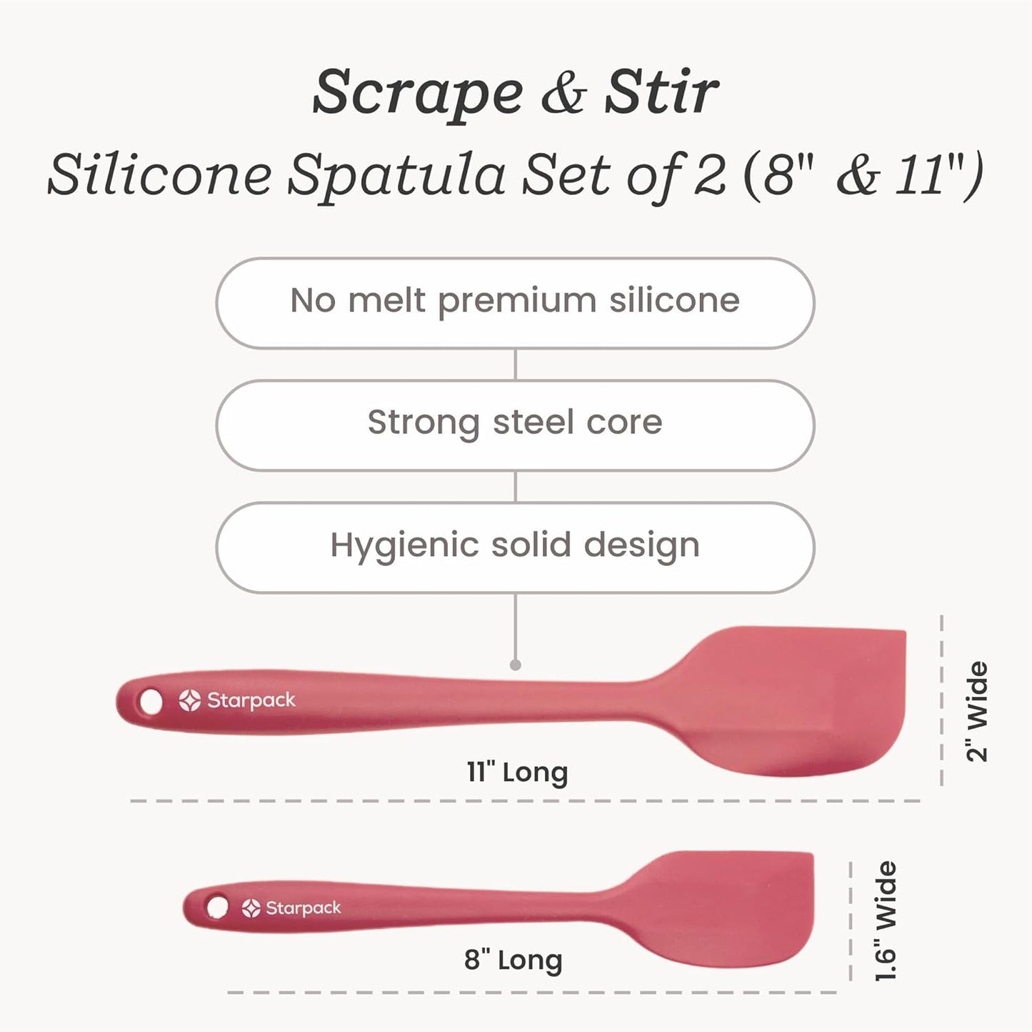 Starpack 'Scrape and Stir' Silicone Rubber Spatula Set (4-Piece) - LFGB Non Toxic, 600°F Heat Resistant, BPA-Free, One-Piece Kitchen Baking Spatulas - Dishwasher Safe for Nonstick Cookware Earthy Pink