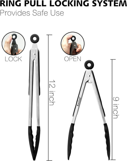 Anaeat Non-Stick Silicone Locking Tong Set of 3 - Stainless Steel 7", 9", 12" Kitchen Food Tongs with Non-Slip Silicone Tips and Grip for Cooking, Baking and BBQ - Heat Resistant up to 480°F (Black)