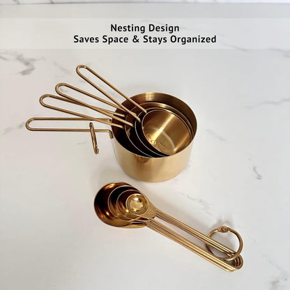 Silver Stainless Steel Measuring Cups and Spoons Set, 8 Piece, Engraved Measurements, Durable Nesting Kitchen Set