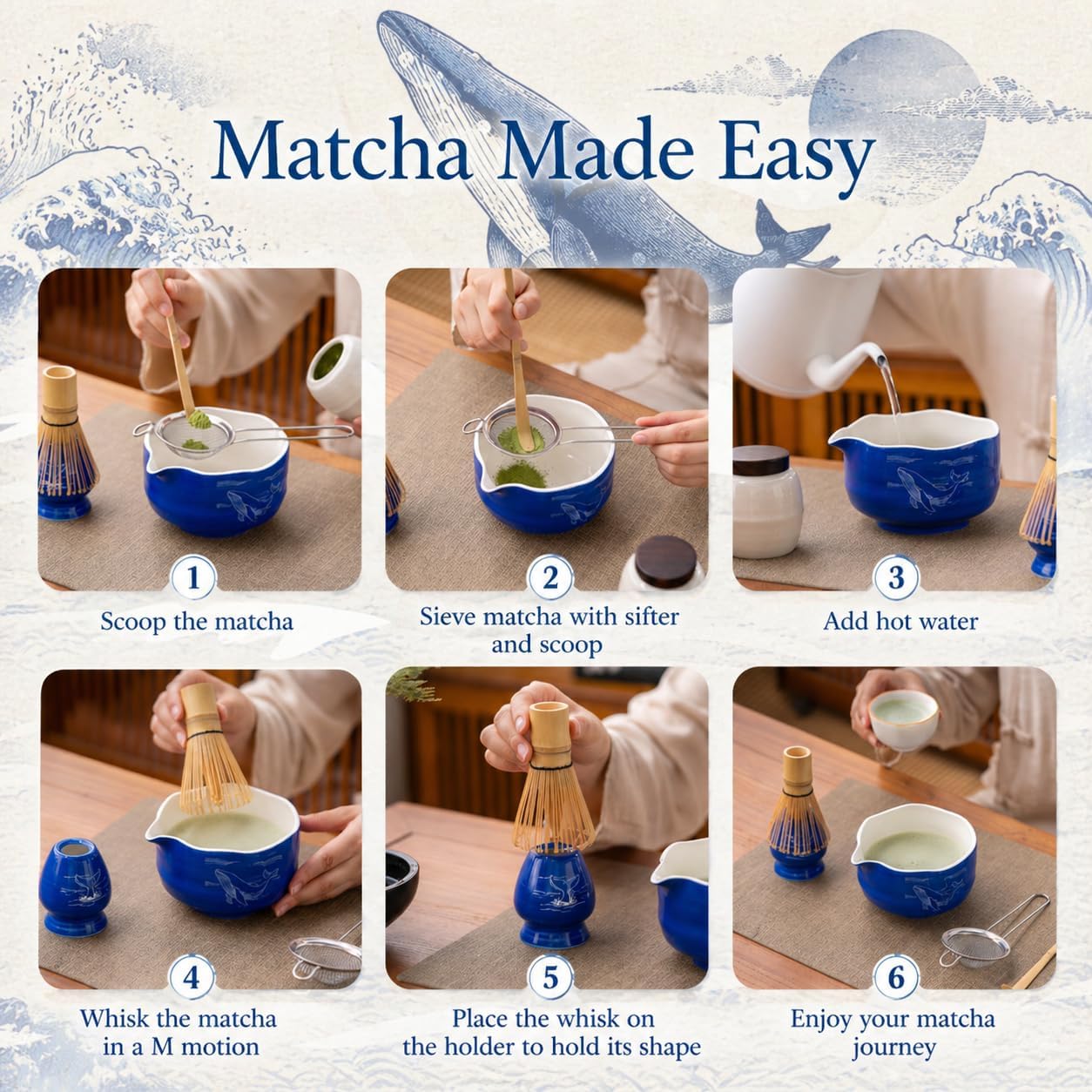 Buucup Matcha Set, Matcha Bowl with Spout, Matcha Whisk and Holder, Bamboo matcha Scoop and Stainless Sifter - 5 Pcs Jade Green Matcha Set Kit for Matcha Lover