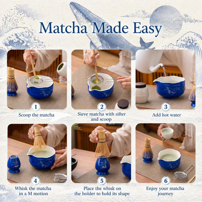 Buucup Matcha Set, Matcha Bowl with Spout, Matcha Whisk and Holder, Bamboo matcha Scoop and Stainless Sifter - 5 Pcs Jade Green Matcha Set Kit for Matcha Lover