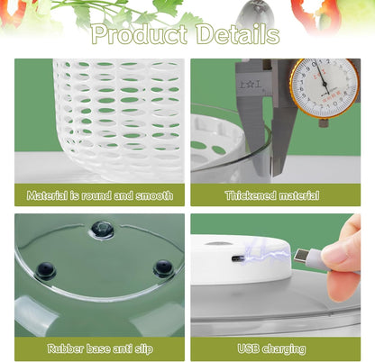 Electric Salad Spinner,6L Large Capacity Automatic Vegetables Fruit Washer Dryer Drainer Strainer,USB Charge Lettuce Spinner Cleaner with 350 ml Squeeze Bottle for Home Kitchen