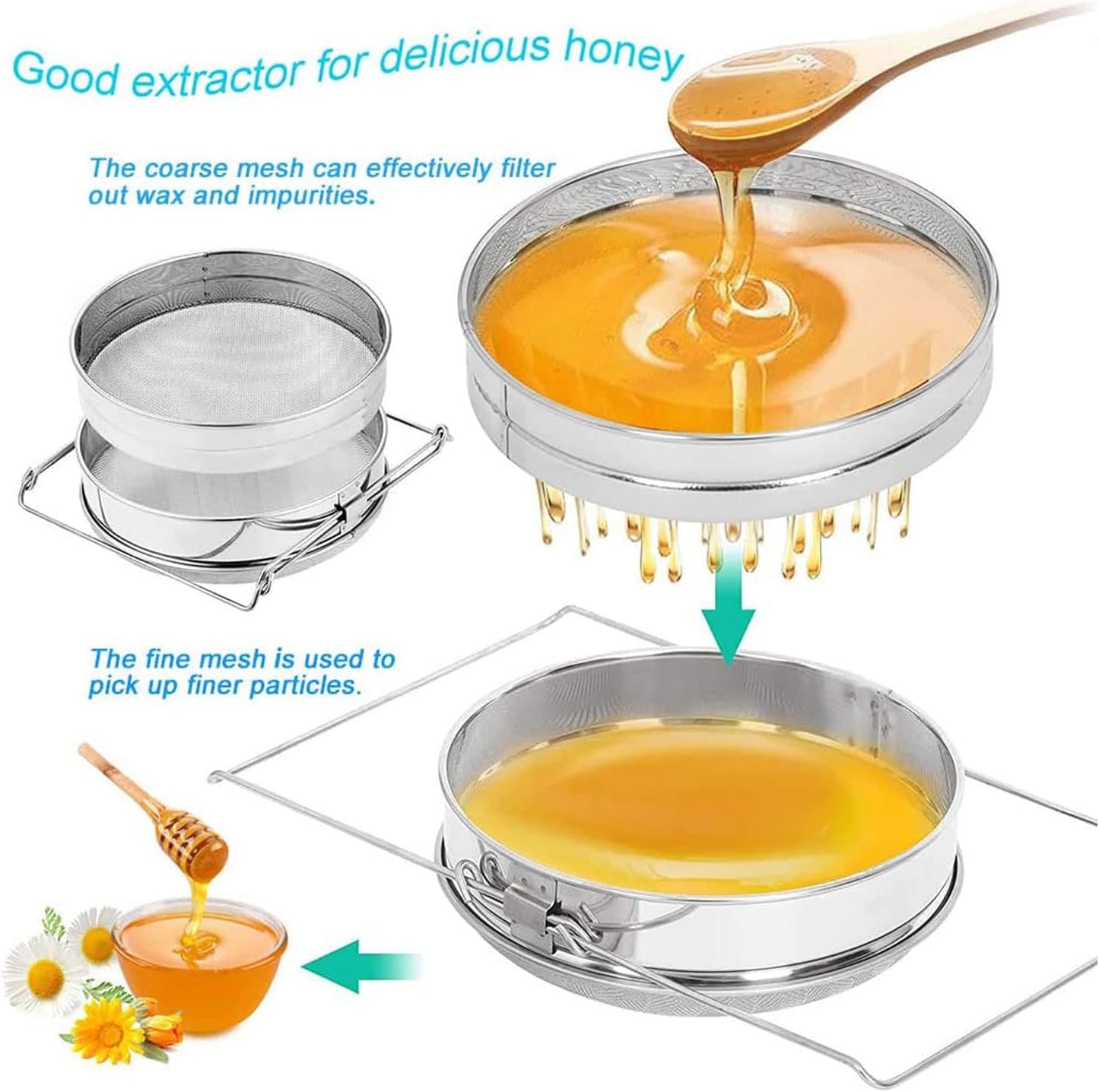 Honey Strainer for 5 Gallon Bucket Stainless Steel Double Sieve Honey Filter Strainer for Clean Honey with Up to 16.5 inches Extendable Arms