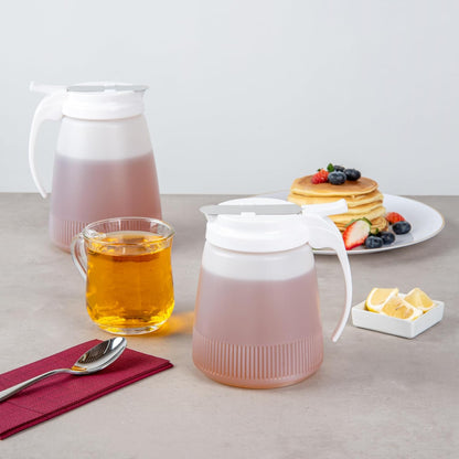 Restaurantware-Chef 101 48 Ounce All Purpose Syrup Dispenser, 1 Honey Dispenser - Beige Top, Stainless Steel Slide Cover, Plastic Pancake Syrup Bottle, Perfect For Diners, Restaurants, Home